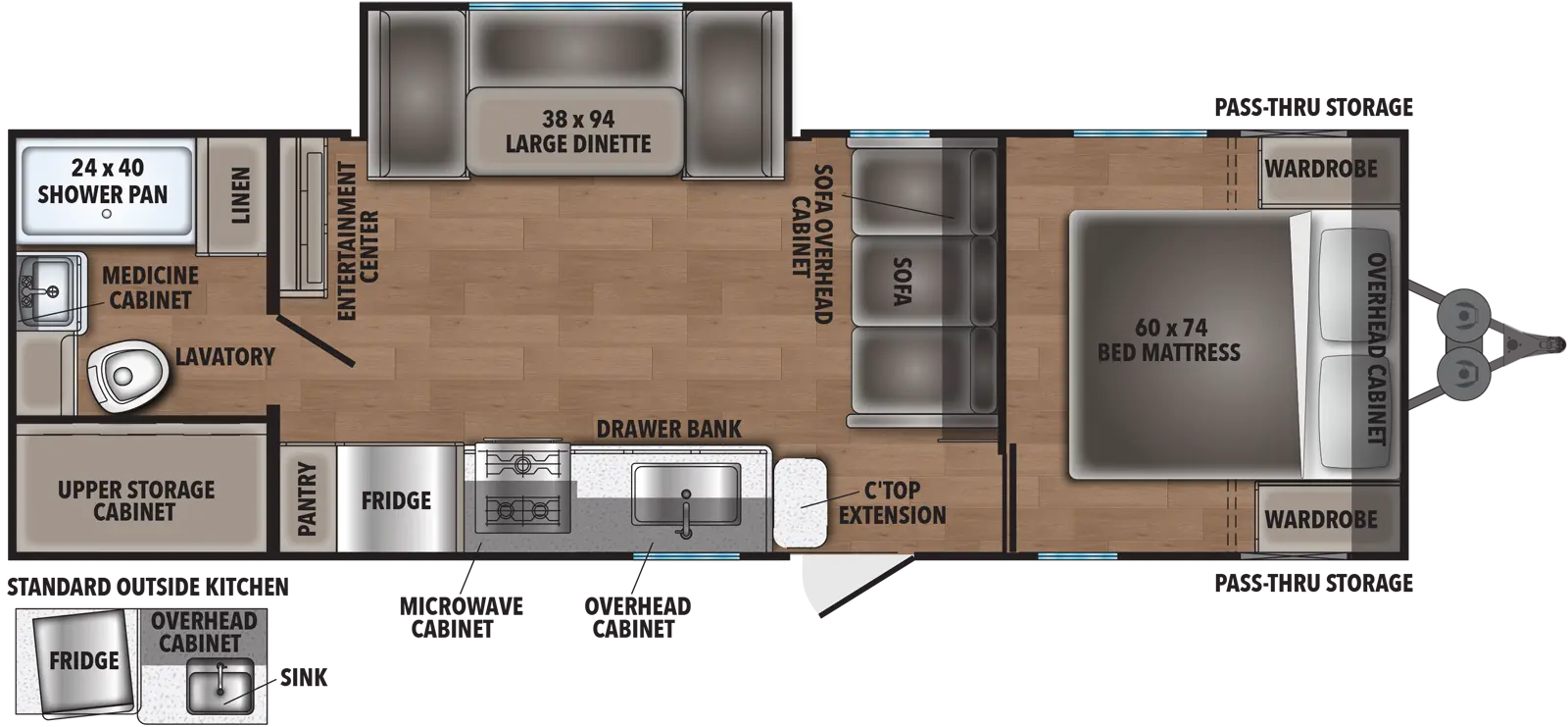 The Shasta 25RB floorplan has one entry and one slide out. Exterior features include: metal exterior and outside kitchen. Interiors features include: u-dinette, front bedroom and rear bathroom.